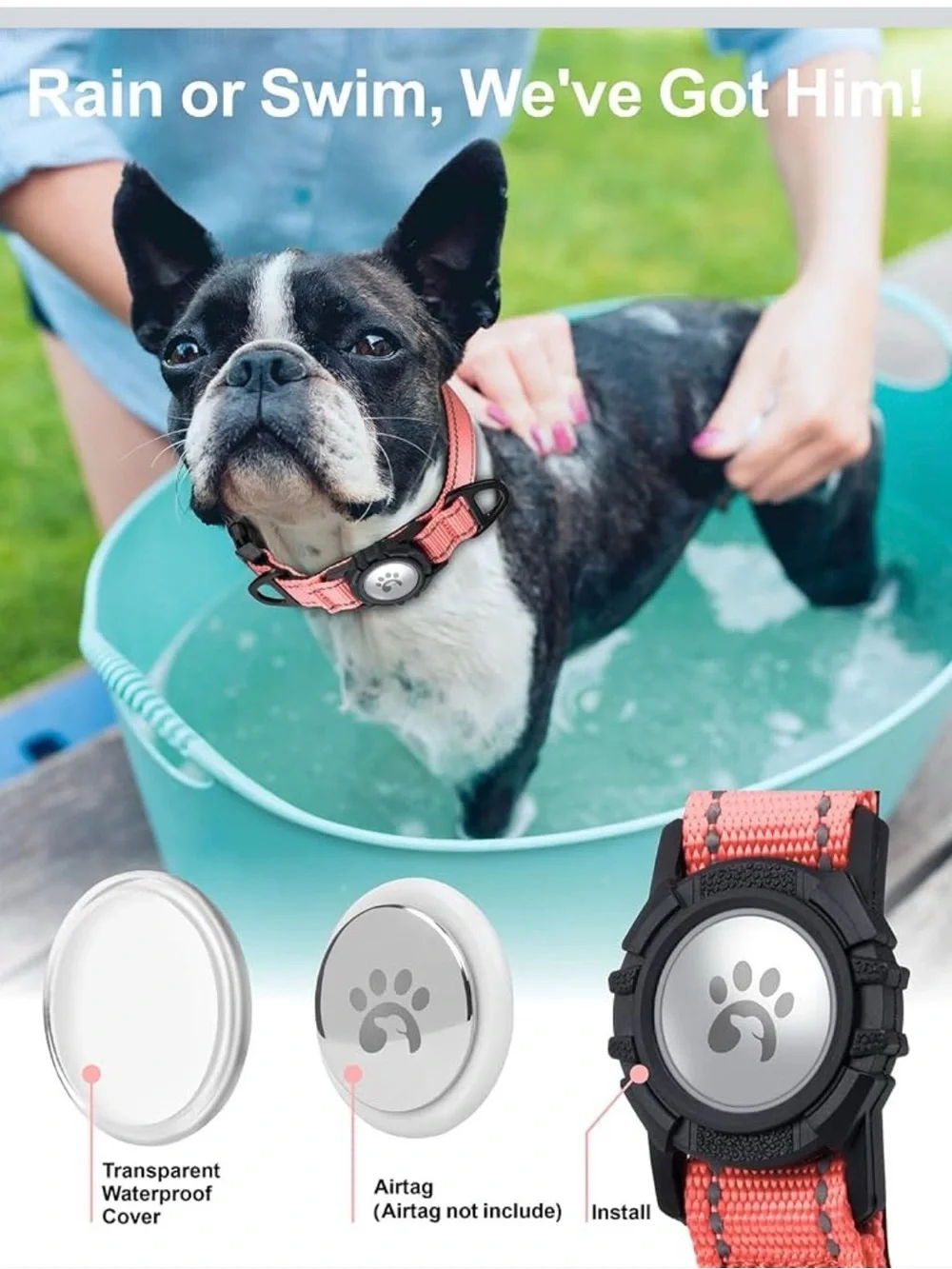 Reflective Coral Pink Dog Collar with AirTag holder